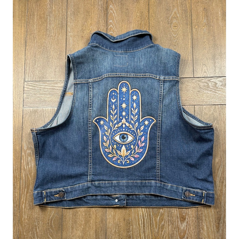 Custom Old Navy XXL Denim Vest Celestial Hamsa Evil Eye Moon Boho OOAK 3160